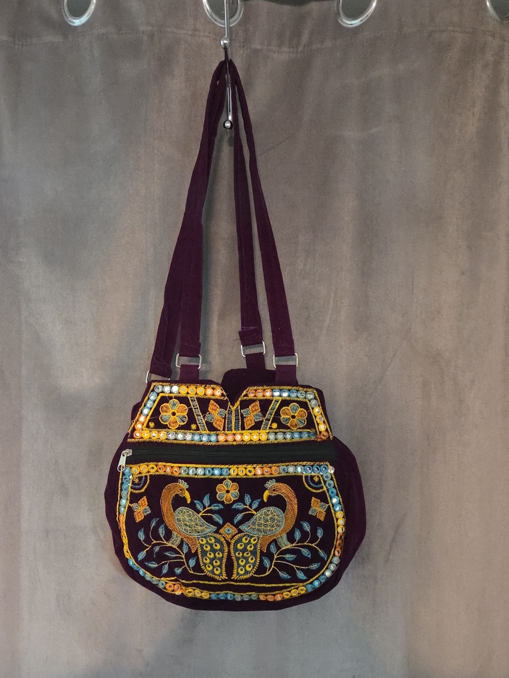 Embroidered Shoulder Bag in Deep Plum with Peacock Motif